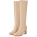 Womens Square Toe Knee High Boots Leather Chunky Heel Fashion Dressy Winter Shoes with Side Zipper