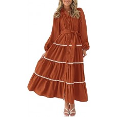 Womens Casual Dresses Loose Belted Long Lantern Sleeve Tiered Button Down Maxi Shirt Dress with Pockets