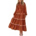 Womens Casual Dresses Loose Belted Long Lantern Sleeve Tiered Button Down Maxi Shirt Dress with Pockets