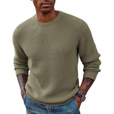 Mens Crewneck Pullover Sweater Waffle Textured Long Sleeve Knitted Sweaters